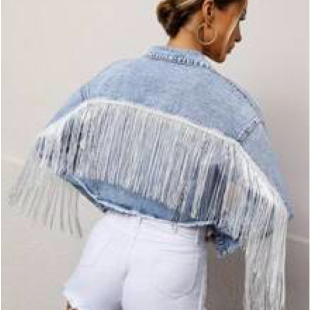 Cropped Fringe Denim Jacket in Light Blue
